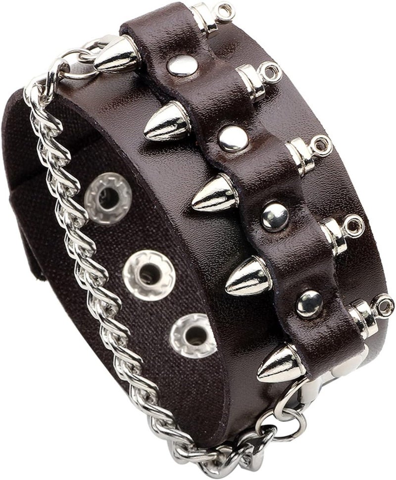 Fusamk Punk Rock Snap Bracelet Bullet Chain Wristband Wide Leather Cuff Bracelet - Image 1